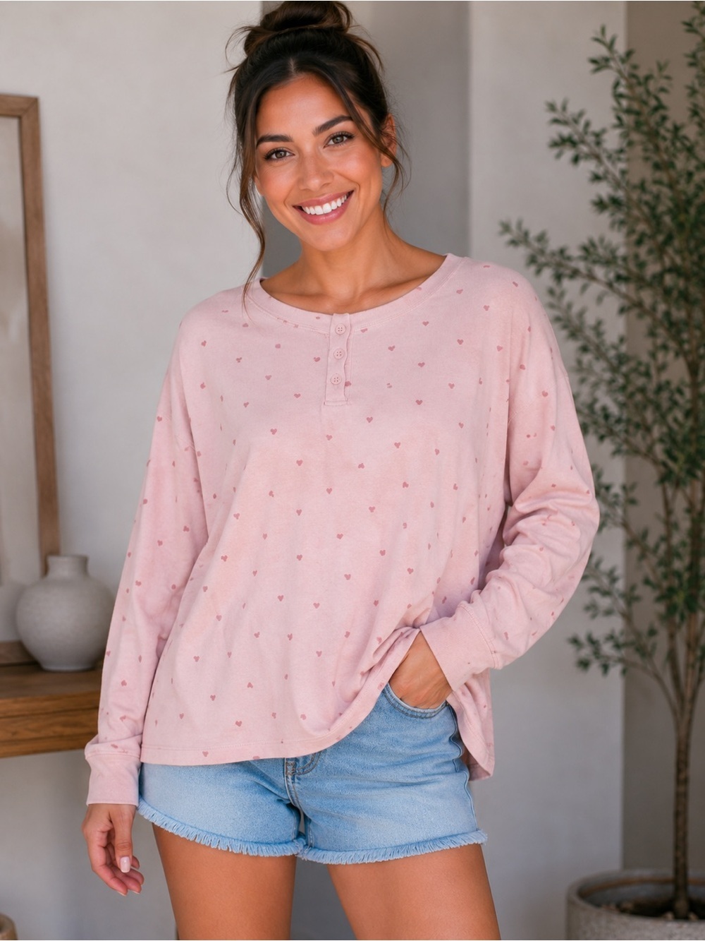 LOFT Sleep Henley with Tiny Heart Motif - large